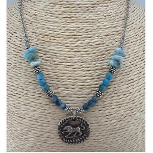 Artisan Larimar Alunite Kyanite Medallion Statement Necklace